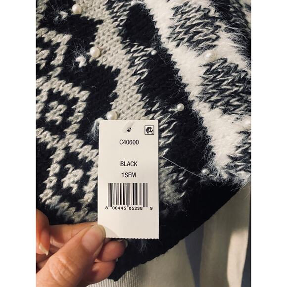 Cejon Knitted Black & White Pearl Detail Blanket Knit Warm Scarf Women - Picture 6 of 9